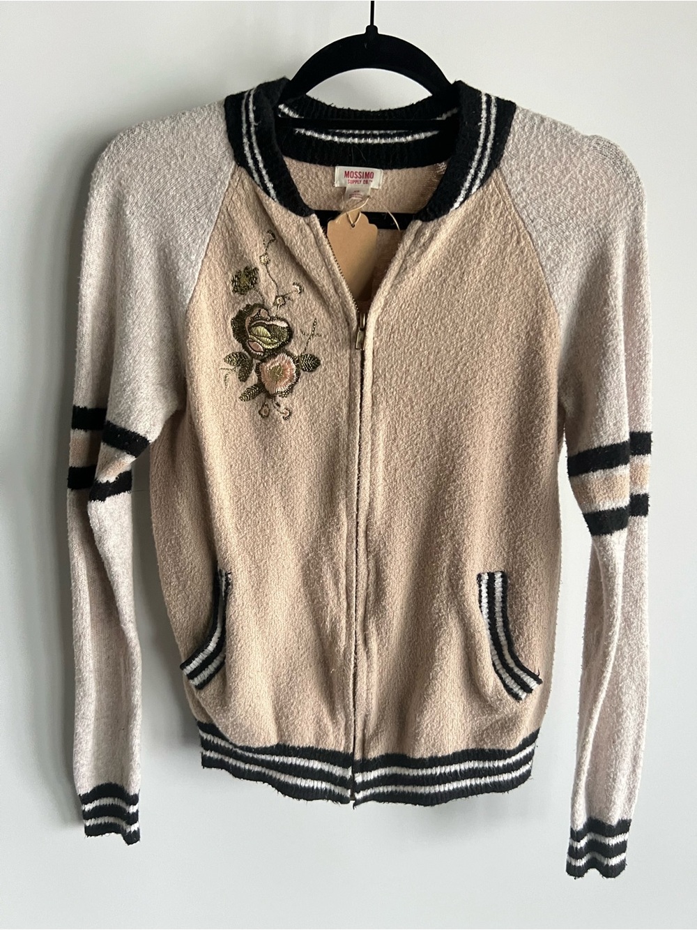 Vintage Mossimo Supply Co. Beige & Cream Floral Zip-Up Bomber Sweater